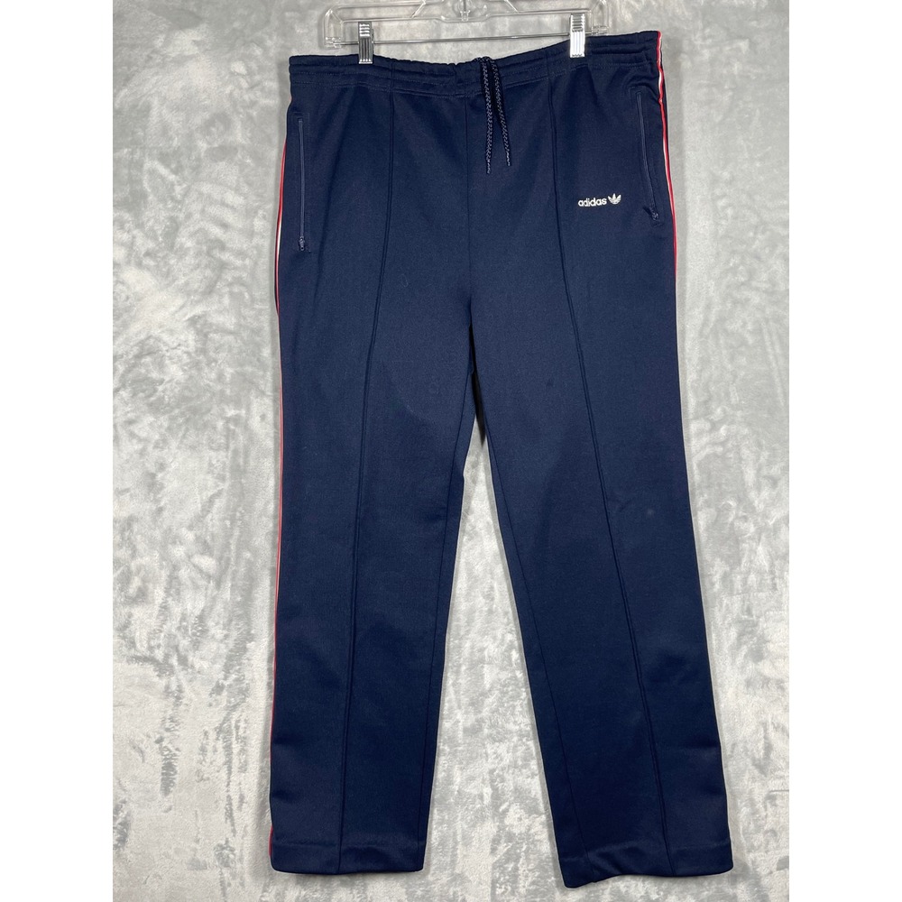Vintage Adidas Trefoil Navy Blue Track Pants Red White Stripe Zip Pockets L